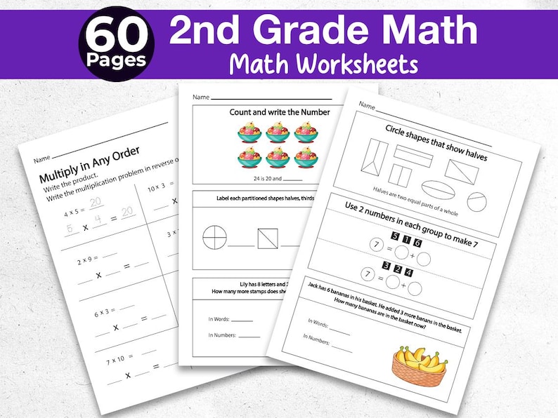 Math 2nd Grade Worksheets 60 Page | Summer Workbook for Kids | Summer Math Worksheet 2nd Grade Learning Pack Math | Printable Digital Book image 1