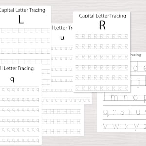 26 lowercase letters for handwriting practice in 1  page, along with 5 different capital and small letters tracing & handwriting practice pages, respectively L, R, H & u, q alphabet tracing pages alphabet worksheets for kids toddlers activity book abc learning book tracing book ELA learning worksheets