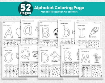 Alphabet Recognition Activity for PreK, 52 Letter Coloring Pages - Alphabet Worksheets, Preschool Printable Activity, Coloring Sheets, PDF