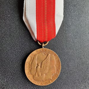 Könnte beinhalten: Bronzemedaille mit weiß-rot gestreiftem Band. Die Medaille zeigt ein Adleremblem und polnischen Text. Das Band ist mit einem kleinen goldfarbenen Ring an der Medaille befestigt. Die Medaille wird auf einer strukturierten schwarzen Oberfläche präsentiert.