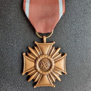 Könnte beinhalten: Bronzefarbene Medaille mit Kreuzmuster und zentralem rundem Emblem, aufgehängt an einem rostfarbenen Band mit hellblauem Streifen. Die Medaille weist detaillierte Elemente auf, möglicherweise ein Erinnerungsstück.
