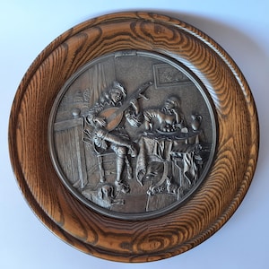Vintage pewter plate - plaque in oak frame