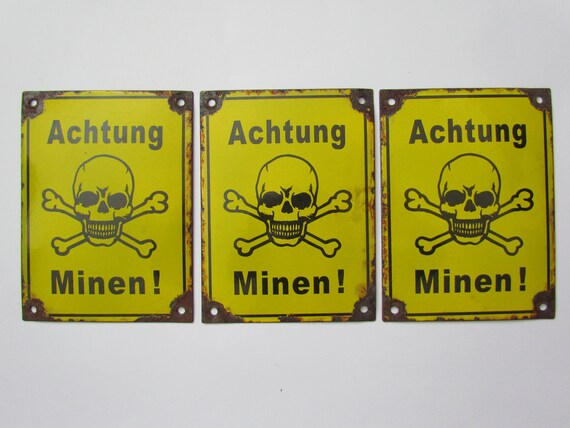 Metal Wall Sign - Achtung Minen - WW2 German War Mines Man Cave Warning