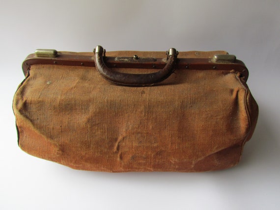 Antique canvas Gladstone bag foldable travel suitcase, 1800s
