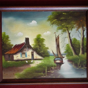 Old painting, rural house near the river, oil on canvas