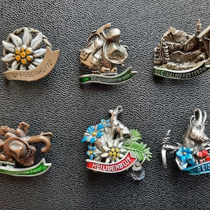 Könnte beinhalten: Eine Sammlung von sechs Vintage-Souvenir-Anstecknadeln aus Metall. Die Anstecknadeln zeigen verschiedene Designs, darunter eine Blume, eine Figur mit Rucksack, eine Berglandschaft und ein Reh. Jede Anstecknadel hat eine einzigartige Form und Farbgebung.