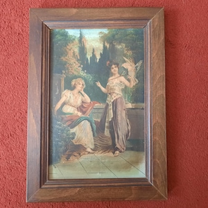 Cuadro vintage en marco 24*34 cm = pintura sobre cartón (Niñas con un pájaro)