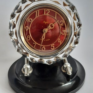 USSR-Vintage Table Clock MAYAK in a crystal case on a bakelite stand