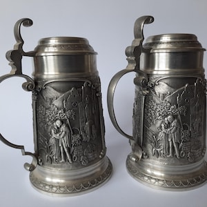 Pair of Vintage German Pewter Beer Steins 0.5 Litre