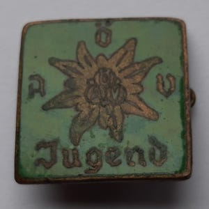 Könnte beinhalten: Ein quadratischer Pin im Vintage-Stil mit grünem Hintergrund und einem bronzefarbenen Rand. Der Pin zeigt ein detailliertes Blumendesign und das Wort "Jugend" in bronzefarbenen Buchstaben. Die Buchstaben "A" und "V" befinden sich an den Seiten.