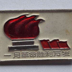 May include: A rectangular metal pin with an off-white background featuring a red flame graphic above a silver base, three small red flags, and Chinese characters that read 一月革命胜利万岁. The pin has a silver-toned metal border.