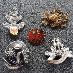 Set med 5 österrikiska traditionella tyrolsk-alpina jaktmössmärken
