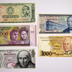 set of banknotes - Paraguay + Mexico + Peru + Brazil