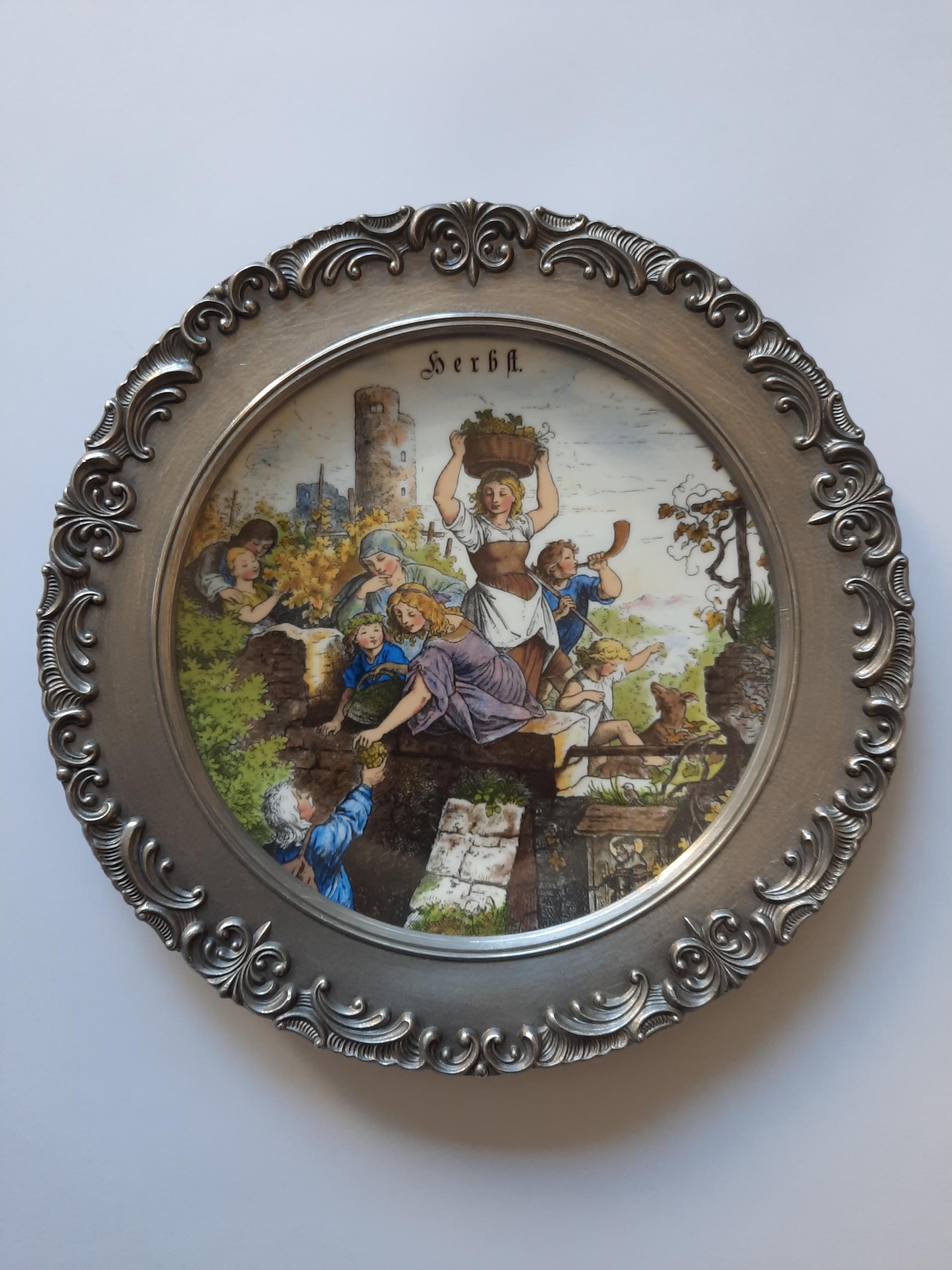 Vintage Porcelain Plate in Pewter Frame 23 cm
