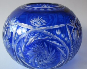 Vintage crystal vase bohemia blue ball - h-13.5 cm