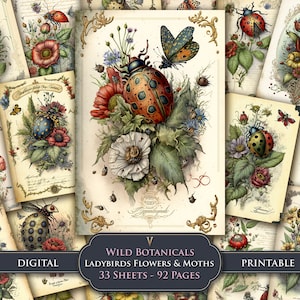 Pagine di diario di spazzatura botanica selvaggia Coccinelle Fiori Falene Floreale Album di ritagli digitali Carta artigianale Natura Effimera Stampabile Download immediato