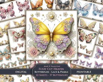 Lace & Pearl Butterfly Digital Ephemera, Junk Journal (PDF Download)