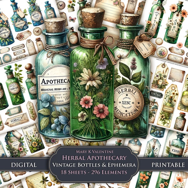 Junk Journal Pages Vintage Apothecary Bottles Tags Tickets Receipts Labels and Ephemera Healing Herb Potions Digital paper Instant Download