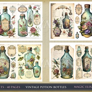 May include: A set of 20 vintage potion bottle illustrations, featuring detailed drawings of glass bottles with cork stoppers, floral accents, and handwritten labels. The illustrations are perfect for crafting, scrapbooking, and digital design projects.