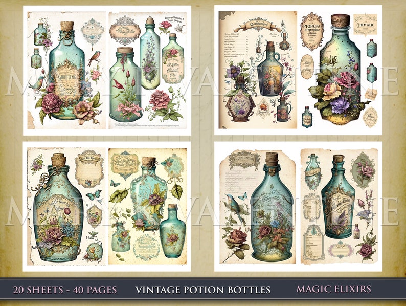 May include: A set of 20 vintage potion bottle illustrations, featuring detailed drawings of glass bottles with cork stoppers, floral accents, and handwritten labels. The illustrations are perfect for crafting, scrapbooking, and digital design projects.