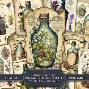 Ongewenste dagboekpagina's toverdrank flessen digitaal plakboek ambachtelijke benodigdheden vintage antieke ephemera bloemen shabby chic Instant Download