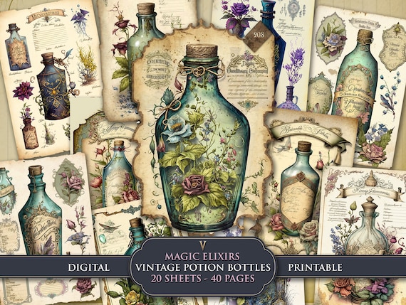 Magic Potion Bottle Junk Journal Pages, Vintage Ephemera (Digital Download)