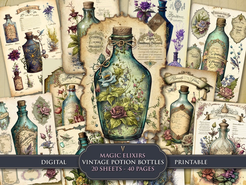 A collection of digital printable pages for junk journals, scrapbooking and paper crafts with a wild botanical theme, with ladybirds, flowers and moths. Use them as full page designs or fussy cut individual items to add details to your pages