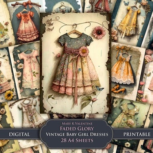 Junk Journal Pages Vestidos de bebê estilo vintage desgastados com rendas e flores, além de etiquetas de rosas e coisas efêmeras para impressão, download instantâneo