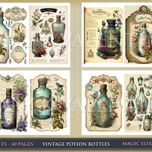 May include: A set of 20 sheets of vintage potion bottle illustrations. The illustrations feature various glass bottles with cork stoppers, filled with colorful liquids and surrounded by flowers and plants. The illustrations are in a vintage style with a faded, antique look. The text on the sheets reads "Vintage Potion Bottles" and "Magic Elixirs".