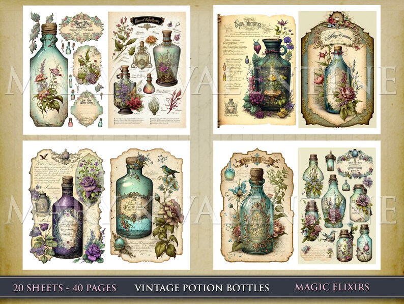 May include: A set of 20 sheets of vintage potion bottle illustrations. The illustrations feature various glass bottles with cork stoppers, filled with colorful liquids and surrounded by flowers and plants. The illustrations are in a vintage style with a faded, antique look. The text on the sheets reads "Vintage Potion Bottles" and "Magic Elixirs".
