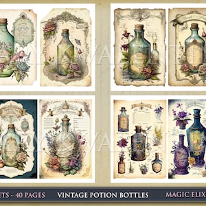 May include: Vintage style illustrations of potion bottles with floral and botanical elements. The bottles are filled with colorful liquids and have labels with handwritten text. The images are on a textured background with a faded look.