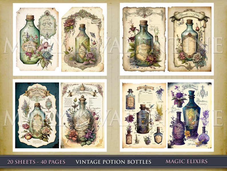 May include: Vintage style illustrations of potion bottles with floral and botanical elements. The bottles are filled with colorful liquids and have labels with handwritten text. The images are on a textured background with a faded look.