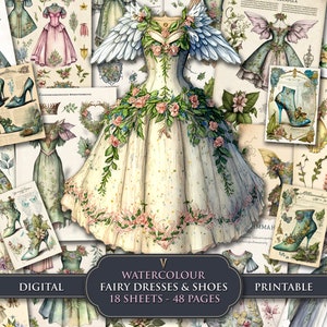 Watercolour Junk Journal Pages Fairy Dresses & Shoes Fairy wings Flowers Digital Scrapbook paper craft Ephemera Printable Instant Download
