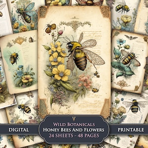 Vintage Honigbienen & Hummeln mit Blumen Digitale Junk Journal Seiten Printable Botanische Scrapbook Papier Handwerk Herunterladbare Ephemera