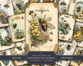 Honey Bee Junk Journal Pages, Vintage Floral Ephemera (PDF Download)