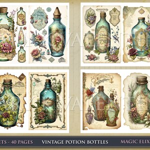 May include: A set of 20 sheets with 40 pages of vintage potion bottle illustrations. The illustrations feature blue glass bottles with cork stoppers, floral designs, and handwritten labels. The text on the labels reads "Magic Elixirs" and "Vintage Potion Bottles".