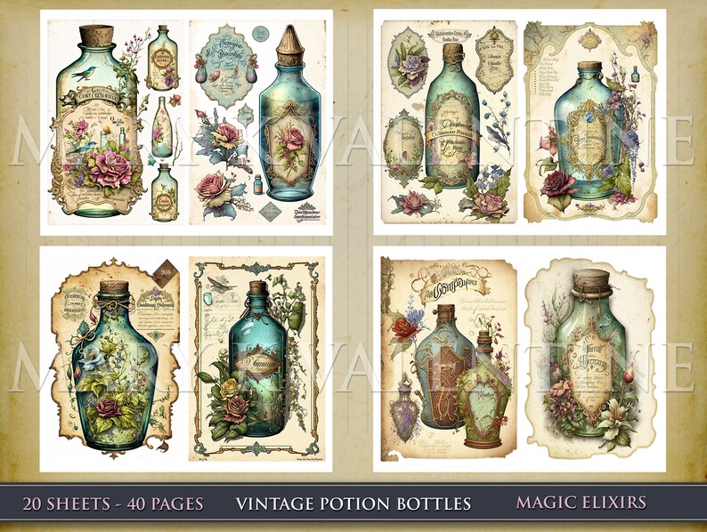 May include: A set of 20 sheets with 40 pages of vintage potion bottle illustrations. The illustrations feature blue glass bottles with cork stoppers, floral designs, and handwritten labels. The text on the labels reads "Magic Elixirs" and "Vintage Potion Bottles".