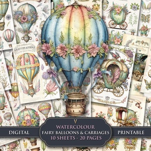 Aquarell Junk Journal Seiten Fee Ballons und Kutschen Digital Scrapbook Papier Handwerk Ephemera druckbare wählerische Schnitte Sofort-Download