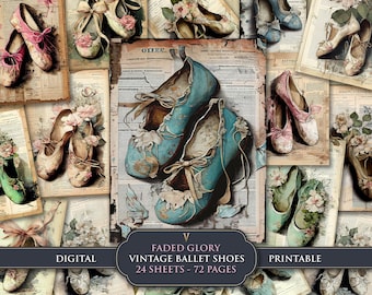 May include: A digital printable paper pack featuring 24 sheets of vintage ballet shoes with faded colors and floral accents. The pack includes 72 pages of printable designs.