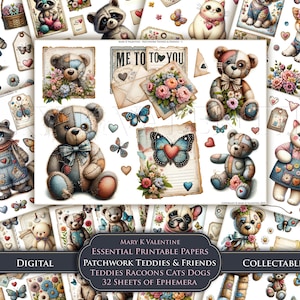 Ours en peluche à imprimer, ratons laveurs, chats et chiens, pages de journal indésirables, étiquettes, remplissage de poche, style vintage, papier numérique éphémère, création artisanale, téléchargement immédiat