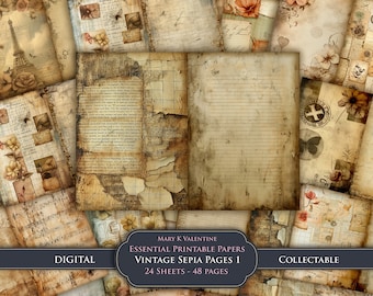 Vintage Sepia Junk Journal Pages, Distressed Paper Textures (Digital Download)