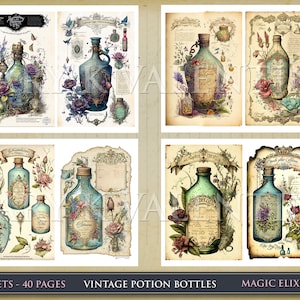 May include: A set of 4 vintage style illustrations featuring potion bottles with floral designs and labels. The bottles are blue and green with gold accents. The illustrations are on a cream background with ornate borders.