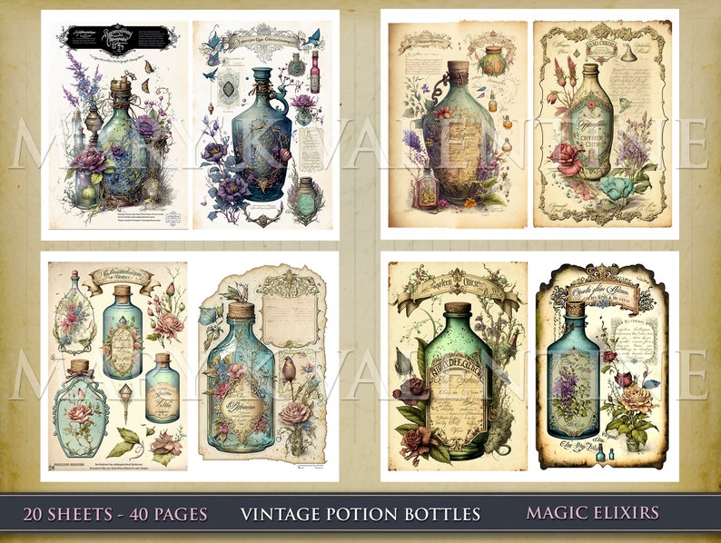 May include: A set of 4 vintage style illustrations featuring potion bottles with floral designs and labels. The bottles are blue and green with gold accents. The illustrations are on a cream background with ornate borders.