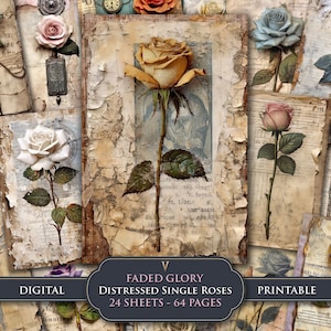 Junk Journal Pages Distressed Single Roses on Vintage Paper Digital Scrapbook paper craft Ephemera  Antique Style Instant Download