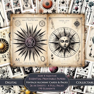 Vintage Style Junk Journal Alchemy Cards Pages et Ephemera With Skulls Skeletons Hearts Suns Roses Papier imprimable numérique Téléchargement immédiat