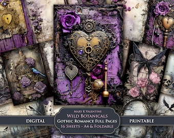 Gothic Romance Junk Journal Pages: Purple Roses, Gold Hearts (Digital Download)
