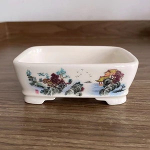 Rectangular sketch bonsai pot Yixing ceramic glazed flower pot retro landscape landscape painting bonsai pot