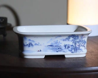 Blau-weißer Landschafts-Bonsai-Topf - glasierter rechteckiger Keramik-Blumentopf (18 cm)