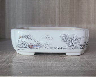 Rechteckige flache Bonsaischale Yixing-Keramik glasierter Blumentopfschneeszenenmalereiblumengrünpflanzenaustellung Bonsaischale