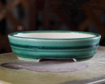 Yixing Keramik Bonsai Topf: 13,5 cm Oval glasierter grüner Übertopf